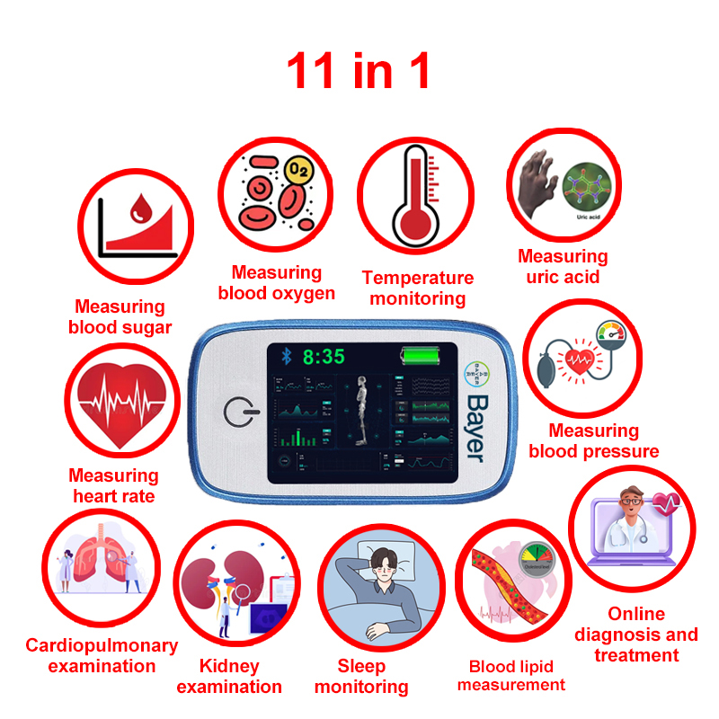 11 az 1-ben (nem invazív vércukormérés + húgysav + véroxigén + pulzus + vérnyomás + alvásfigyelés + testhőmérséklet monitorozás + kardiopulmonális vizsgálat + vesevizsgálat + vérzsírmérés + online diagnózis és kezelés)
