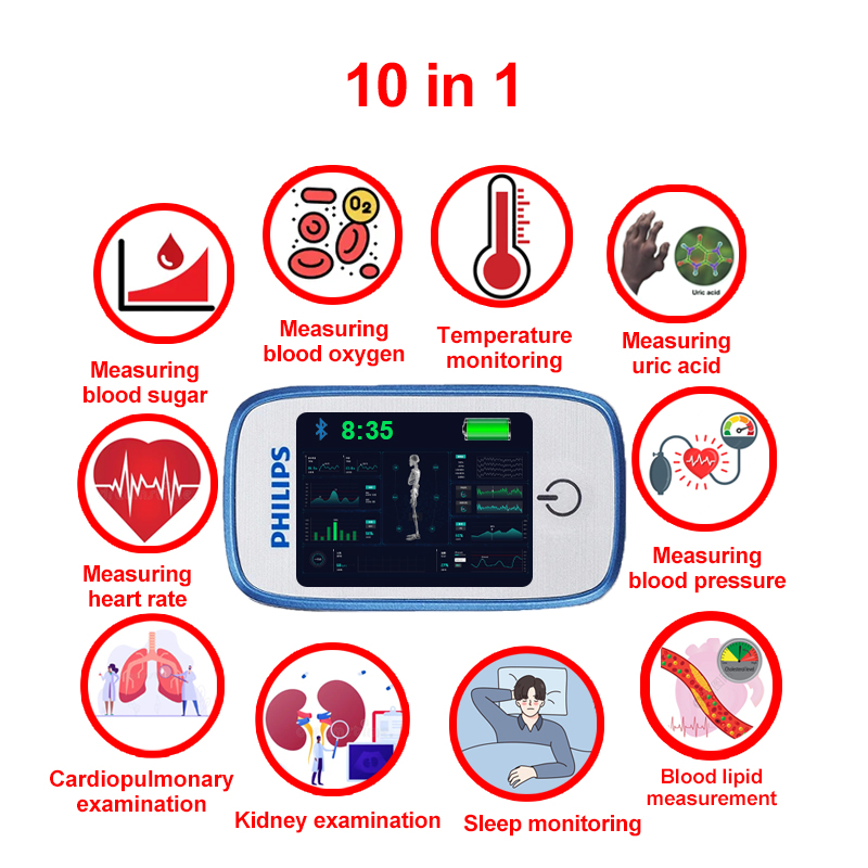 10 az 1-ben (non-invazív vércukormérés + húgysav + véroxigén + pulzus + vérnyomás + alvásfigyelés + testhőmérséklet monitorozás + kardiopulmonális vizsgálat + vesevizsgálat + vérzsírmérés)